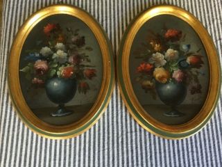 Pair Vintage Floral Vases Still Life Hand Painted Oil In Oval Wood Frame