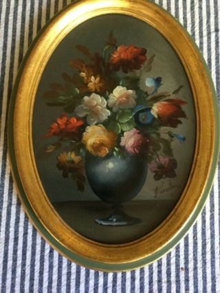Pair Vintage Floral Vases Still Life Hand Painted Oil in Oval Wood Frame 3