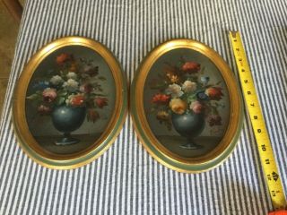Pair Vintage Floral Vases Still Life Hand Painted Oil in Oval Wood Frame 5