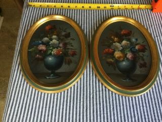 Pair Vintage Floral Vases Still Life Hand Painted Oil in Oval Wood Frame 6