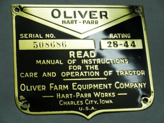 Oliver Hart Parr 28 - 44 Brass Serial No.  Id Plate Antique Tractor Engine Plate