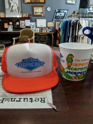 Vintage Las Vegas Tropicana Casino Trucker Hat And Plastic Coin Cup