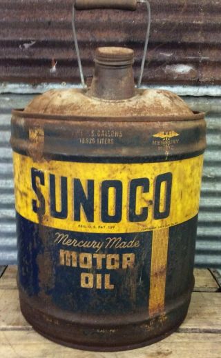 Vtg 40s 1946 Sunoco Oil Mercury Made 5 Gallon Oil Can Gas Service Station Rare