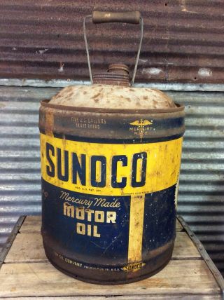 Vtg 40s 1946 Sunoco Oil Mercury Made 5 Gallon Oil Can Gas Service Station RARE 4