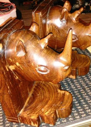 Rhinoceros Head Bookends Hand - Carved Ironwood Statue 9 " Safari Rhino Decor