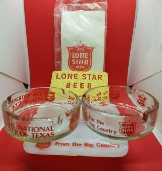 Vintage Lone Star Beer 1 White Glass And 2 Clear Ashtrays W/ Bar Sponge