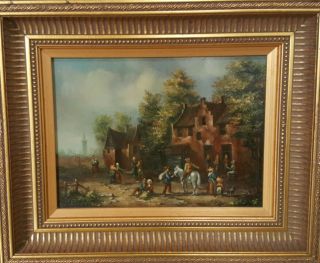Antique Vintage Signed Dutch Townscape Oil On Mahogany Panel Frame 2