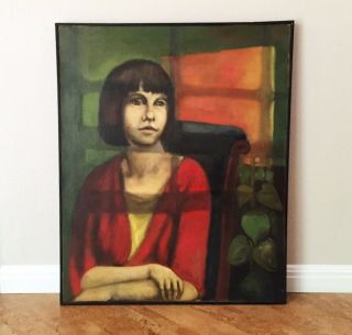 Intriguing Mid - Century Portrait Painting Of Pensive Woman 32”,  1960s Modernism