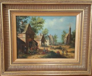 Antique Vintage Signed Dutch Townscape Oil On Mahogany Panel Frame