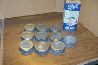 Vintage Box Of 10 Ball Mason Jar Lids Zinc Caps White Porcelain Lined Canning
