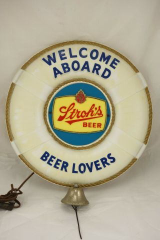 Vintage 50s Strohs Lighted Beer Sign Welcome Aboard Nautical Life Preserver Bell
