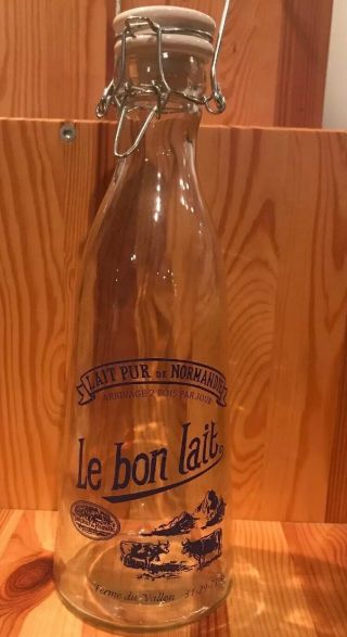 Le Bon Lait French Glass Milk Bottle Blue Cow Graphics Normandy With Cap