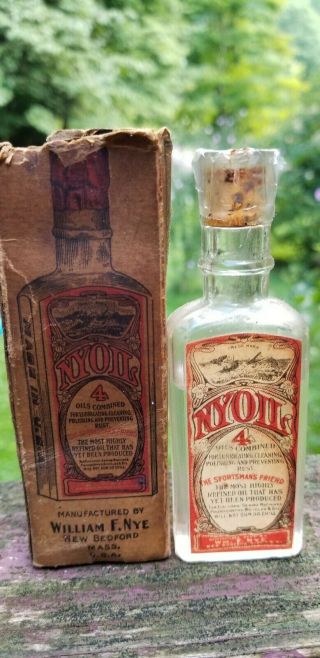 Antique Nyoil Wm F Nye Whale Oil Label Corked Bottle And Box W.  Contents Mass