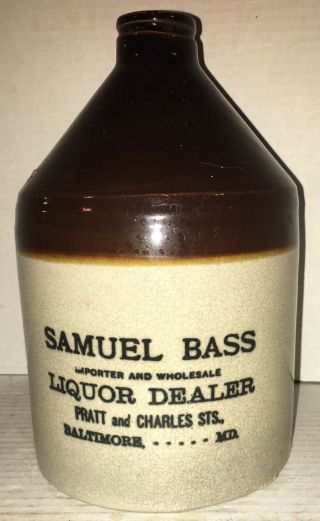 Baltimore Maryland Pre Prohibition Whiskey Jug Samuel Bass Liquor Dealer Nr