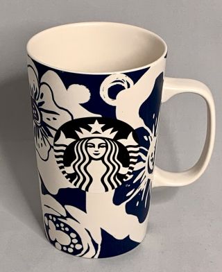 Starbucks 2015 Siren Logo White Blue Matte Flowers Tall Coffee Mug Cup