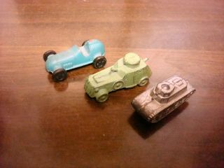 3 Vintage Tootsie Toys - Wwi Armored Car,  Tank,  And Race Car 1 1/2 " L