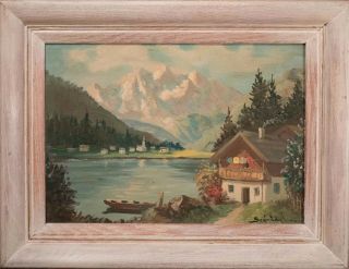 Antique European Oil Painting Mountain Landscape W/ Lake,  Signed 1/2