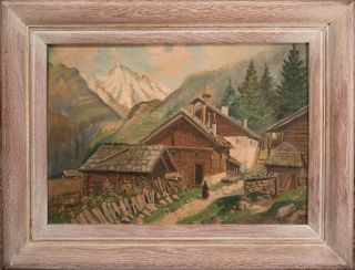 Antique European Oil Painting Mountain Landscape W/ Homes,  Signed 2/2