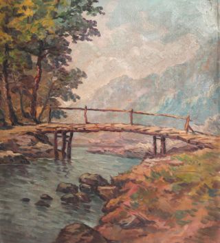 Vintage Impressionist Oil Painting Landscape Mountain River Bridge Signed