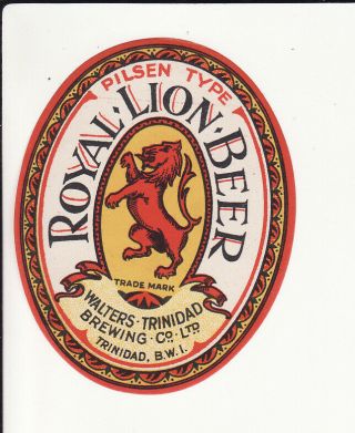 Very Old Trinidad Brewery Beer Label - Walters Royal Lion Beer