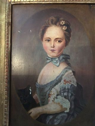 ANTIQUE 1840 FOLK ART OIL PAINTING OF ELEGANT LADY WITH KITTEN FRAME S 4