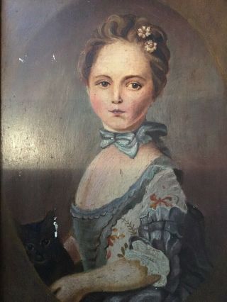 ANTIQUE 1840 FOLK ART OIL PAINTING OF ELEGANT LADY WITH KITTEN FRAME S 5