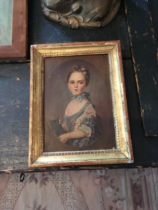 ANTIQUE 1840 FOLK ART OIL PAINTING OF ELEGANT LADY WITH KITTEN FRAME S 6