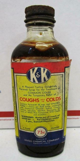 Vintage Nos United Chemical Co.  K&k Cough Syrup Due To Colds 4 Oz.  Bottle