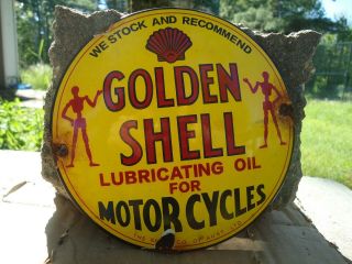 Vintage Golden Shell Motorcycle Oil Porcelain Gas Station Pump Door Sign