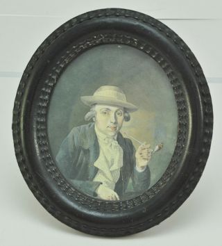 18th Century Watercolor On Paper Of A Young Man Smoking A Pipe