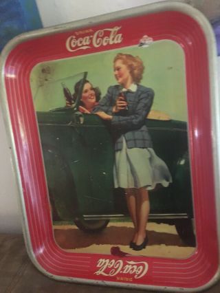 1942 Cocacola Serving Tray Two 2 Girls Green Car Coke Bottles Metal Tin