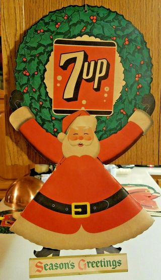 1955 Advertising 7up Soda Pop Seasons Greeting Santa Claus Double Sided S - 2