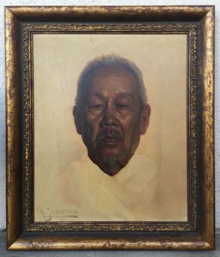 Alfred Jonniaux " Asian Man " Portrait Oil Painting On Canvas Board