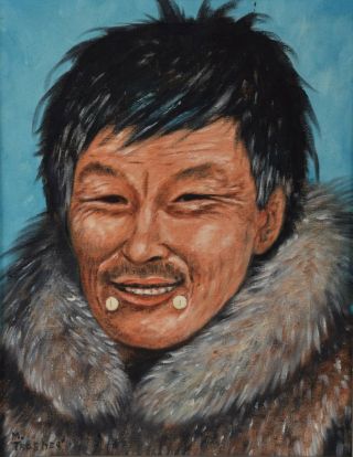 Mona Thrasher Oil Painting Eskimo Man 1969 Canadian Inuit Listed