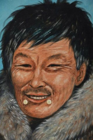 MONA THRASHER Oil Painting Eskimo Man 1969 Canadian Inuit Listed 3