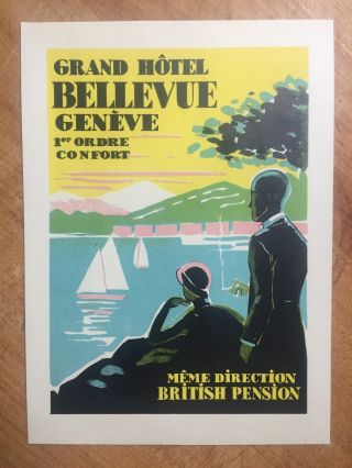 Grand Hotel Bellevue Geneve Art Deco Luggage Label 1925 Rare