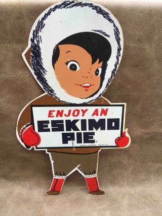 Old Enjoy An Eskimo Pie Ice Cream Character Mascot Boy Die Cut Advertising Sign