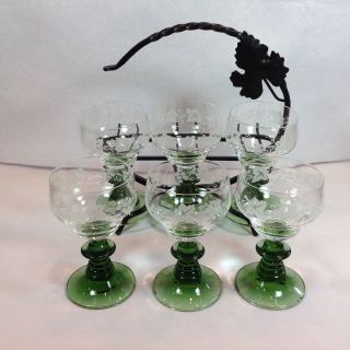 6 German Roemer Cordial Wine Glasses With Metal Rack Etched Grapes Green Stem