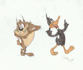 Signed Virgil Ross Warner Bros.  Color Drawing 1990s Taz Daffy Duck