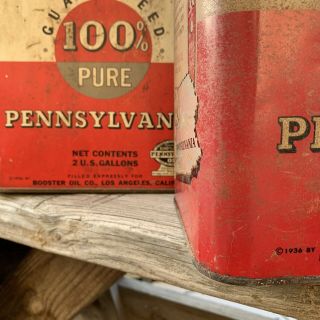 (2) Vintage 1936 Booster 100 Pennsylvania 2 Gallon Motor Oil Cans - NR 6