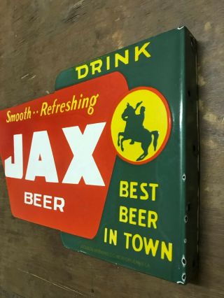 JAX BEER PORCELAIN ENAMEL SIGN 18X11X1.  5 INCHES FLANGE DOUBLE SIDED 2
