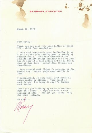Barbara Stanwyck Signed Letter Personal Stationery To Western Writer Gerry Day