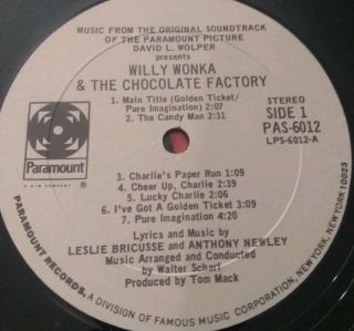 WILLY WONKA & the CHOCOLATE FACTORY - Soundtrack LP - PARAMOUNT Wilder PAS 6012 5