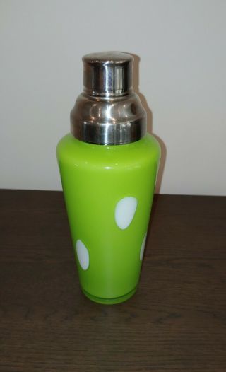 Vintage Green Glass Art Deco Cocktail Shaker With White Polka Dots
