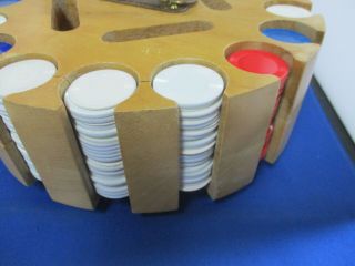 Vintage Wooden Poker Chip And Card Holder On Carousel Base W/Chips 3