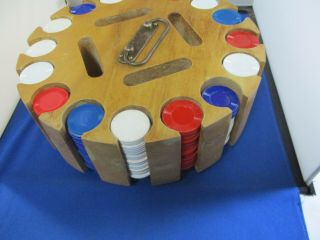 Vintage Wooden Poker Chip And Card Holder On Carousel Base W/Chips 4