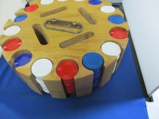 Vintage Wooden Poker Chip And Card Holder On Carousel Base W/Chips 5