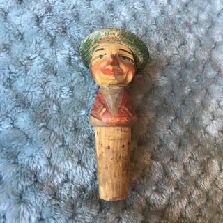 Antique Anri Hand Carved Wood Bottle Stopper Old Man With Hat 3.  5 " Tall