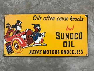 WALT DISNEY MICKEY SUNOCO OIL PORCELAIN ENAMEL SIGN 24 X 12 INCHES S/S USA 39 5