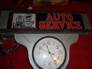 Vintage Auto Service Sign With Clock Electric And Battery Operated